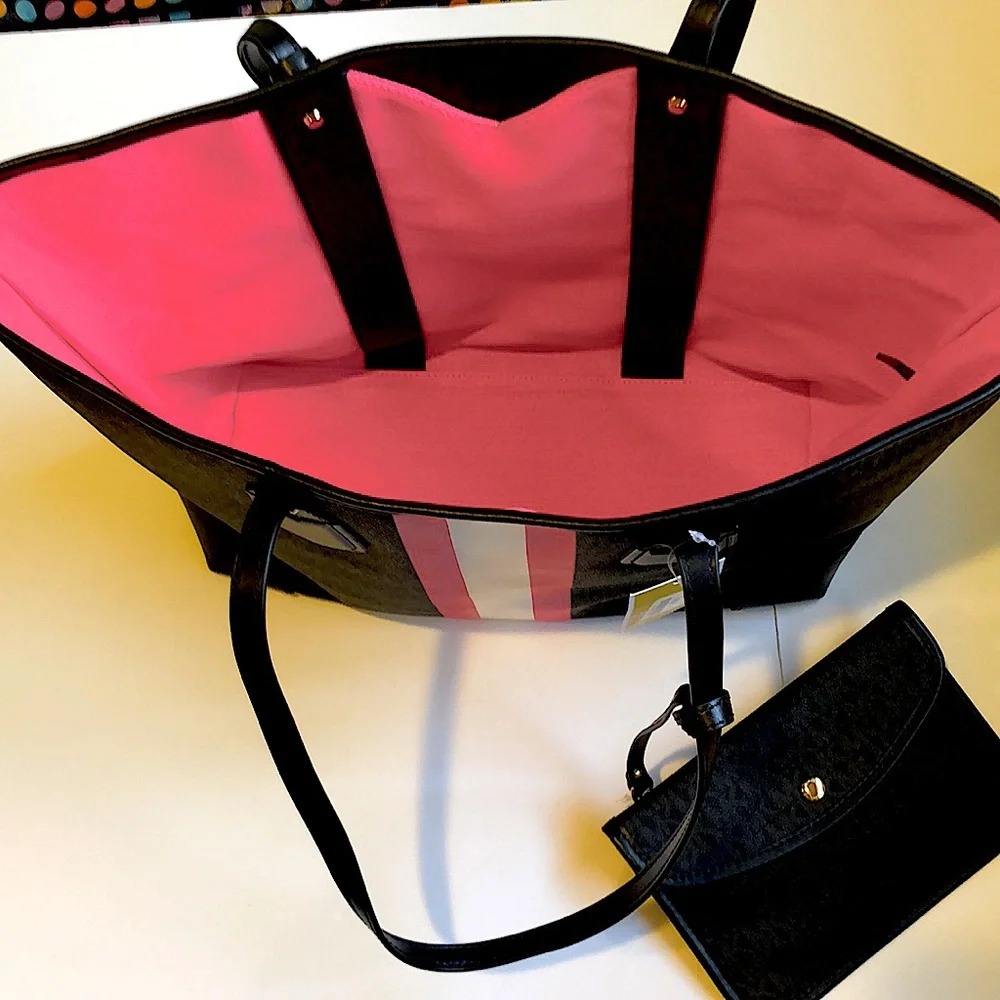 NWT Michael Kors LG. Black Coated Canvas  Eva Tote Bag with Pink/White Stripes - Picture 4 of 8